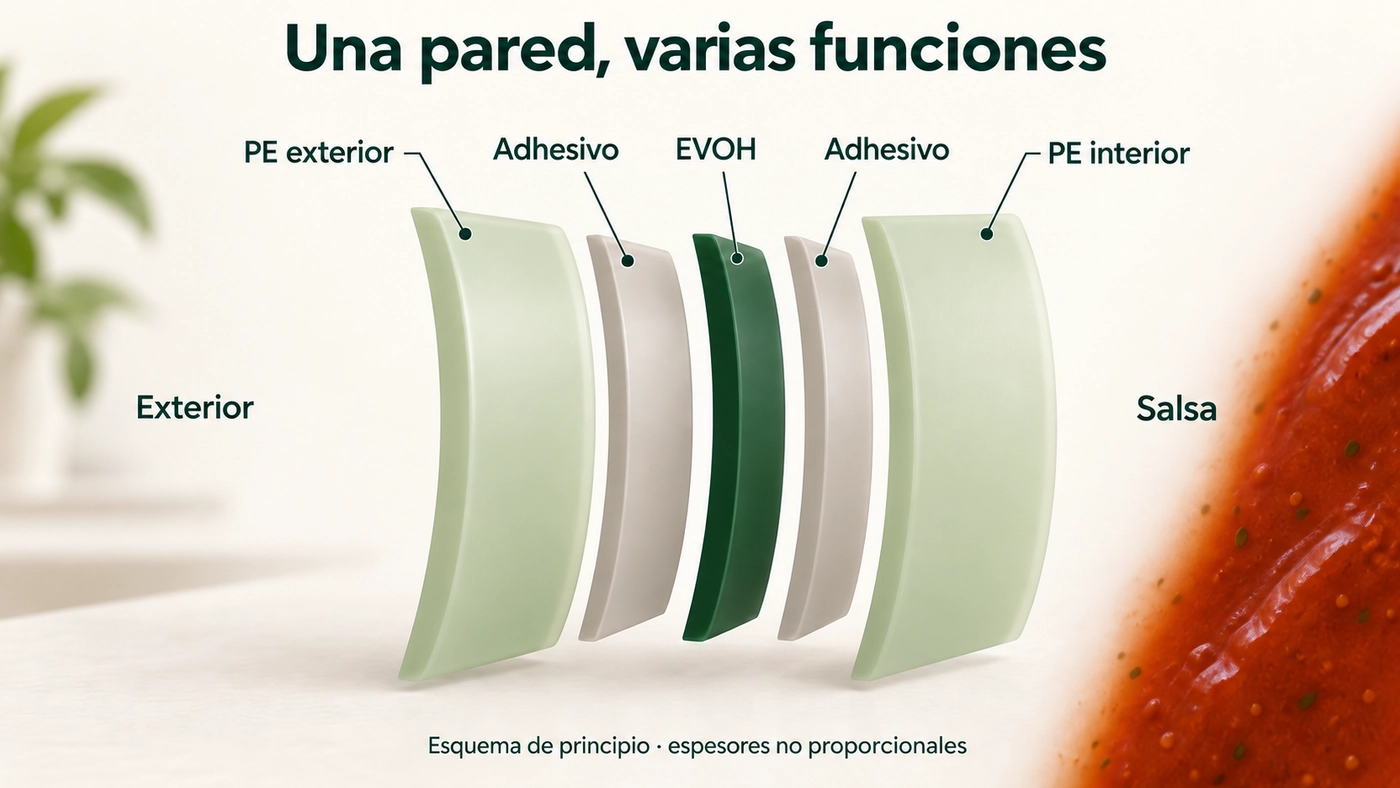Esquema de cinco capas con PE exterior, adhesivo, EVOH, adhesivo y PE interior en contacto con la salsa