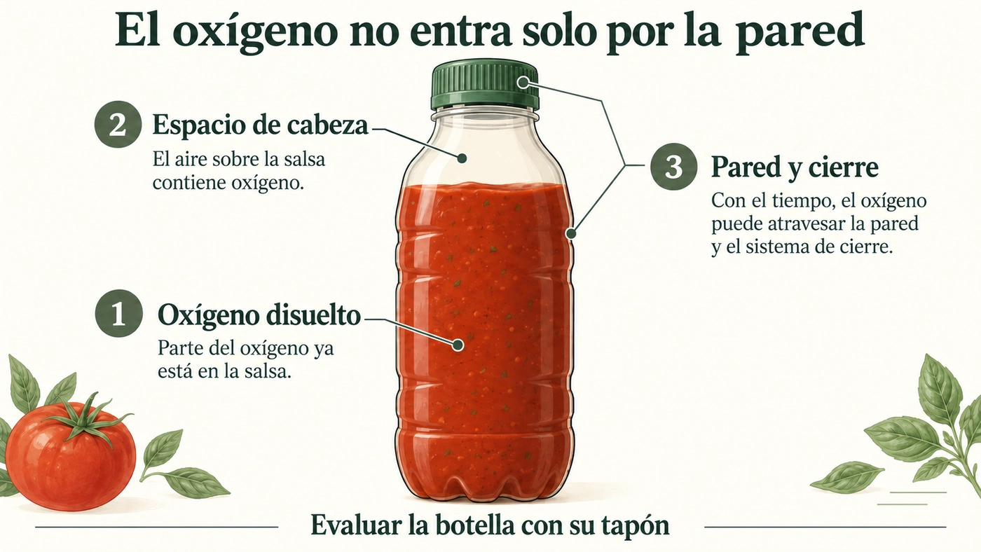 Botella de salsa con tres posibles fuentes de oxígeno: producto, espacio de cabeza, pared y cierre
