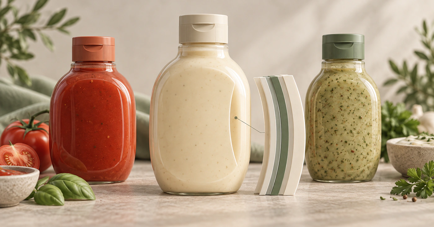 Botellas de kétchup, mayonesa y salsa de hierbas junto a una sección conceptual de pared multicapa con EVOH