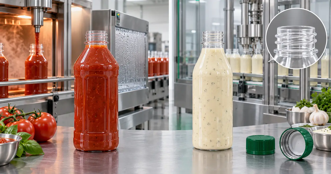 Comparación entre una botella de salsa para llenado en caliente y otra para llenado aséptico