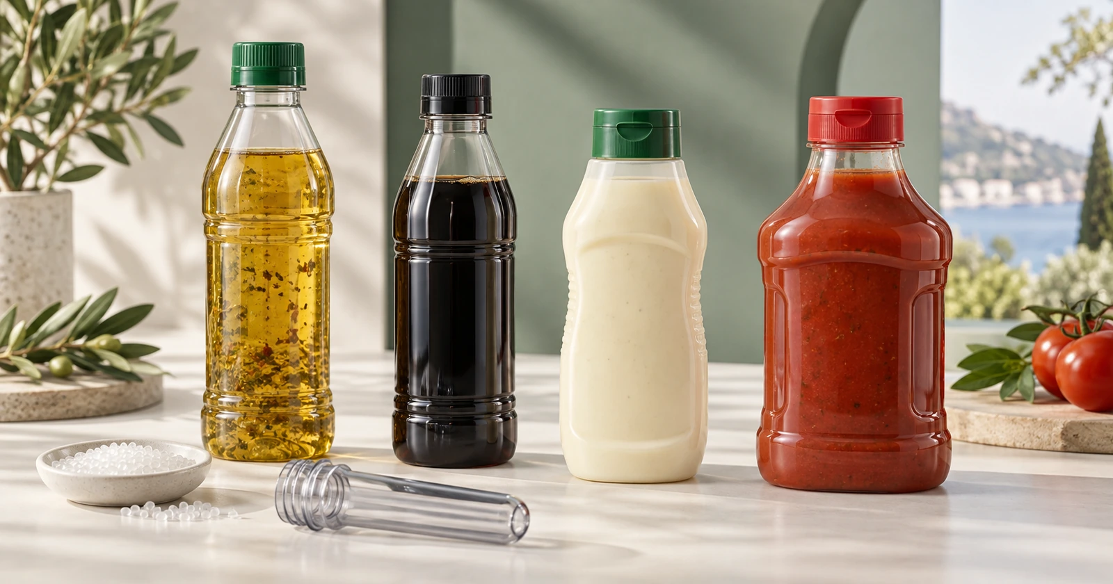 Cuatro formatos de botellas de salsa para comparar PET, rPET, PEAD y PP