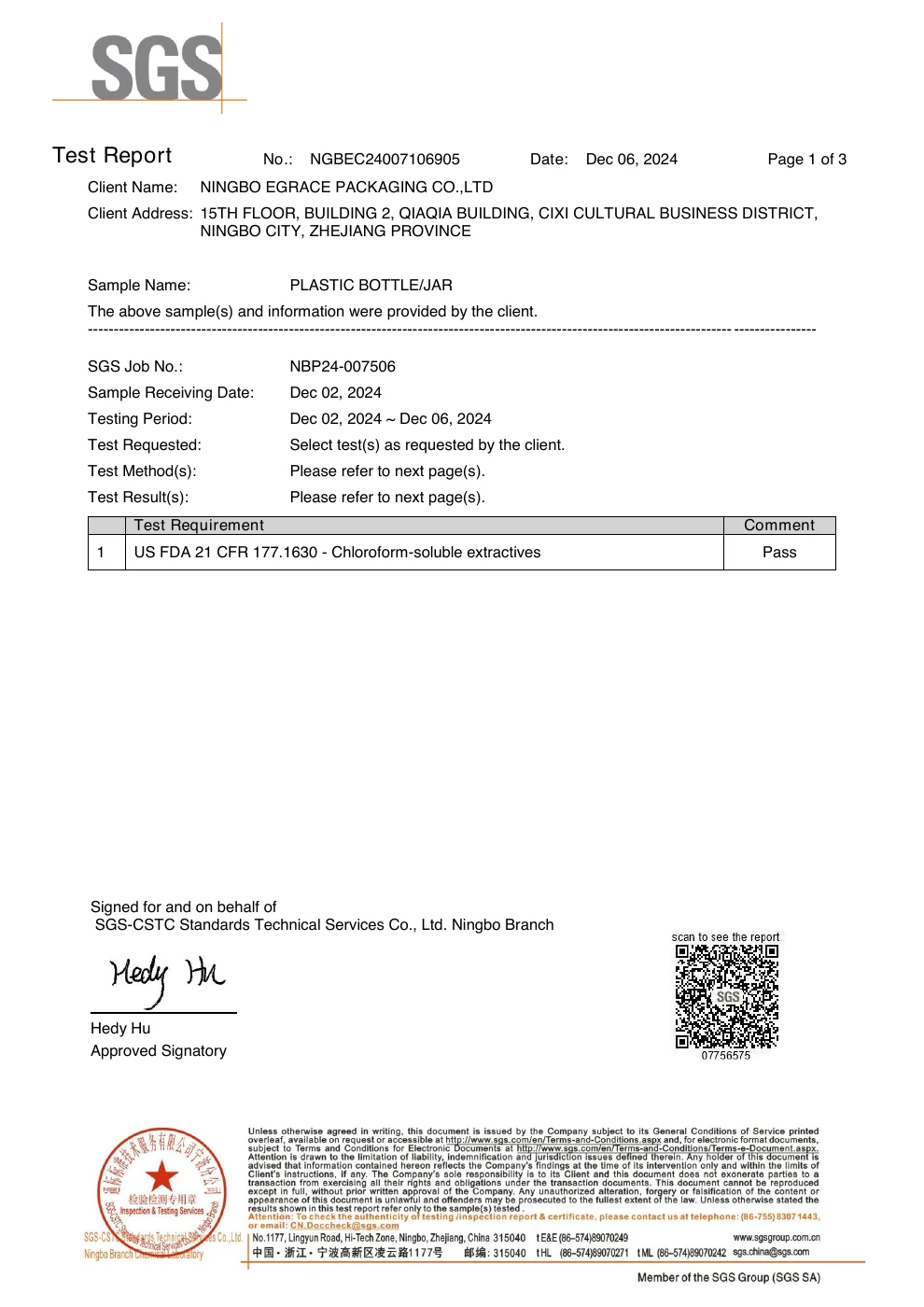 Informe de contacto alimentario para PET – page 1 sobre 3