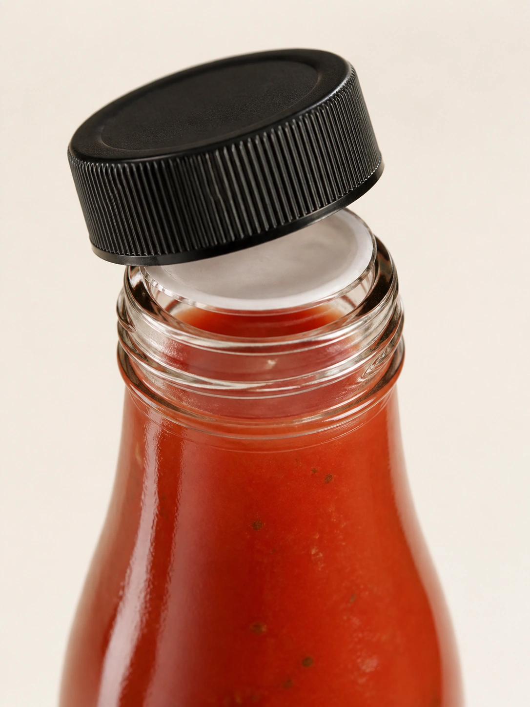 Detalle del cuello, la junta y el tapón de una botella de vidrio para salsa