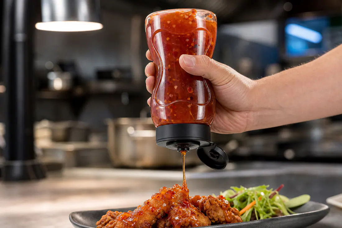 Botellas exprimibles para salsas en situación de uso